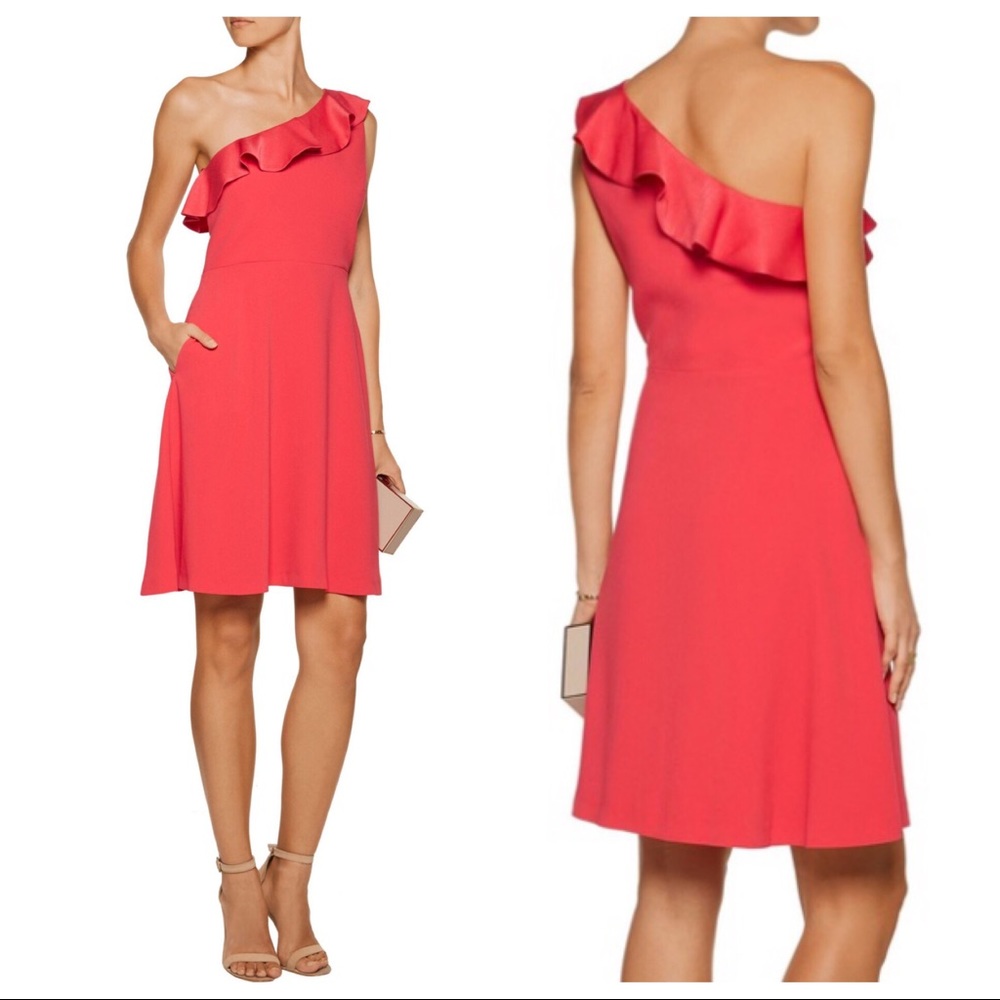 Maje One-Shoulder Rirai Ruffle Dress in Coral/Rose